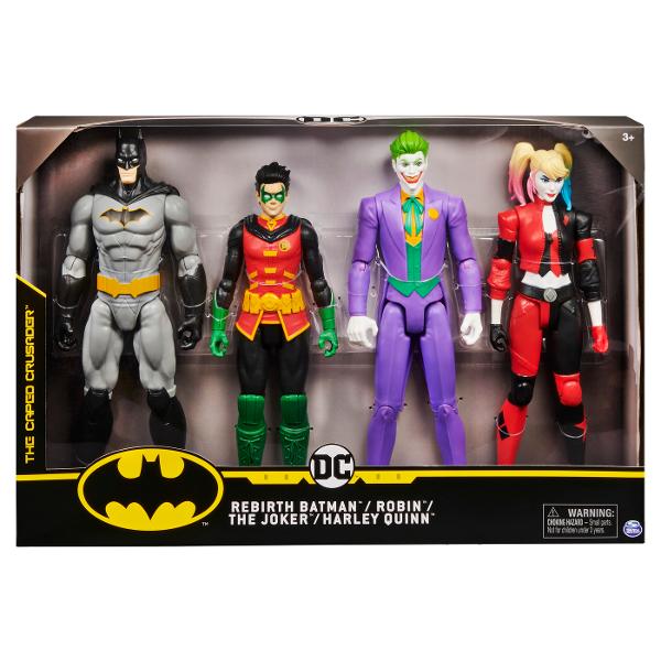 Creeaza-ti propriile aventuri epice cu supereroi si superticalosi cu figurinele de actiune Batman de 30 de cm Acest pachet include 4 figurine Fiecare figura de actiune are 11 puncte de articulatie si un stil comic detaliat care da viata personajelor tale preferate Batman Alatura-te duo-ului dinamic Batman si Robin si ajuta la scaparea orasului Gotham de cei mai sinisti super-raufacatori ai sai precum Joker Harley Quinn Riddler Copperhead sau Talon stilurile pot varia  Adu-ti acasa 