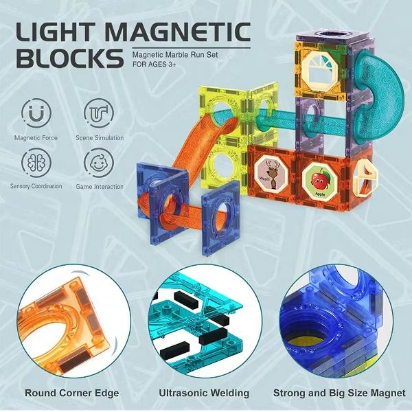 Joc Constructie Magnetic 3D cu Lumini - Magic Set Cursa Bilelor 150 Piese este o jucarie inovatoare ce dezvolta abilitatile cognitive vederea in spatiu ajuta copilul sa invete forme geometrice sa isi dezvolte creativitatea si imaginatiaCaracteristici•    jocul are piese ce se imbina prin magnetism in nuante viu colorate•    contine diferite forme geometrice cu care se poate construi in 2D 