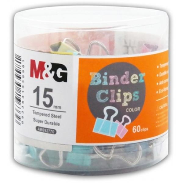 Clips colorat M&G 15mm 60 buc&259;&539;i cutie- cutie de depozitare din PVC cu 60 de clipsuri colorate de 15mm- mix de 4 culori moderne pastelate ideale pentru clasificarea documentelor- realizate din o&539;el inoxidabil- putere mare de prindere- recomandate pentru prinderea a pân&259; la 30 de coli de hârtie