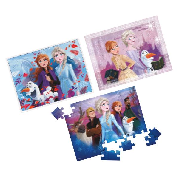 Copii acum pot rezolva imagini cu personajele preferate din povestea Frozen Imaginile au efect 3D datorita carui vor atrage atentia copiilor Pe deasupra cutia cuprinde trei imagini de rezolvat prin urmare distractia este garantata Puzzleurile contine 3 imagini fiecare avand cate 48 de piese Dimensiunile imaginii rezolvate 3048 x 2286cm