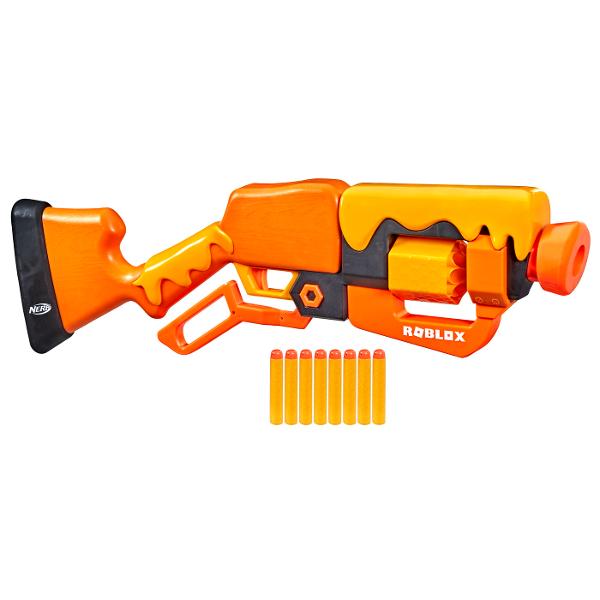 Acest Nerf Roblox Adopta-ma ALBINE Blasterul cu sageti se inspira din jocul Roblox Adopt Me Include un cod special care va permite sa valorificati un articol virtual exclusiv pe Roblox Blasterul are explozie cu parghie si un tambur rotativ cu 8 sageti si include 8 sageti Nerf astfel incat sa poti trage 8 sageti la rand Încarcati tamburul miscati maneta pentru a amorsa blasterul si apasati pe tragaci pentru a dezlantui o sageta Sagetile oficiale din spuma Nerf Elite sunt testate 