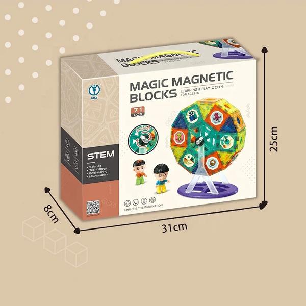 Joc Constructie Magnetic - Magic Set Roata 71 Piese este o jucarie inovatoare ce dezvolta abilitatile cognitive vederea in spatiu ajuta copilul sa invete forme geometrice sa isi dezvolte creativitatea si imaginatiaCaracteristici•    jocul are piese ce se imbina prin magnetism in nuante viu colorate•    contine diferite forme geometrice cu care se poate construi in 2D 3D sau ca o scenabr 