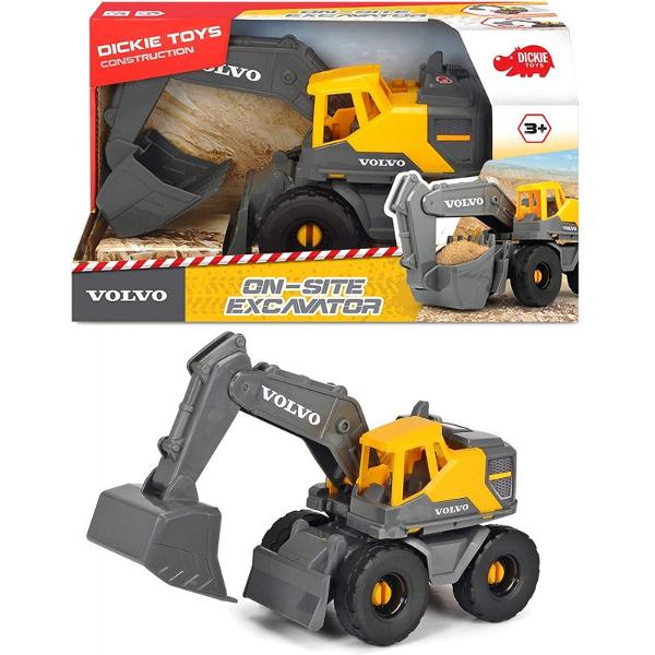 Excavator Volvo cu parti mobile cabina deschisa lungime 26 cm Indiferent daca este singur sau cu prietenii distractia este garantata Excavatorul de jucarie cu roata libera este vehiculul ideal pentru santier Bratul mobil al excavatorului este la fel de mobil ca la modelul Volvo in marime originala Cabina deschisa se roteste pe masura bratul excavatorului se misca